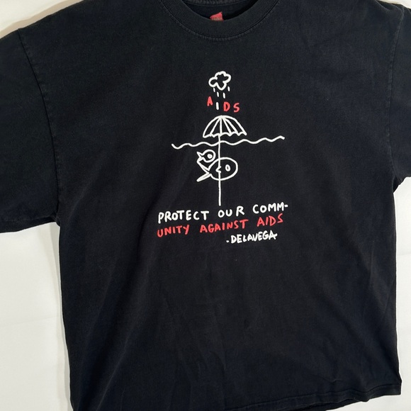 Aids Stick Drawing Protect Community DELAVEGA T-Shirt Adult Black Men Large Tee - Picture 4 of 8